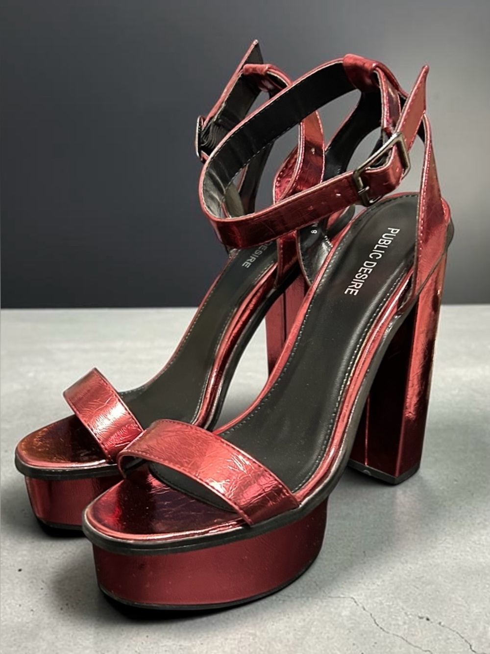 Public Desire Metallic Red Platform Block Heel Sandals with Ankle Strap Sz 8